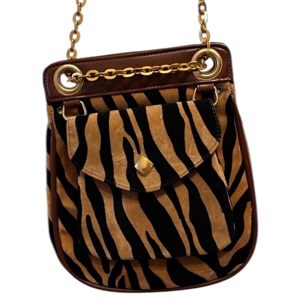 Murray Kruger Brown and cream suede animal print bucket  bag adjustable strap
